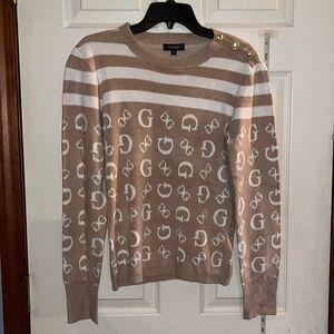NWT-guess-L-Brown& cream-long sleeve, pullover, crewneck, gold button, sweater.